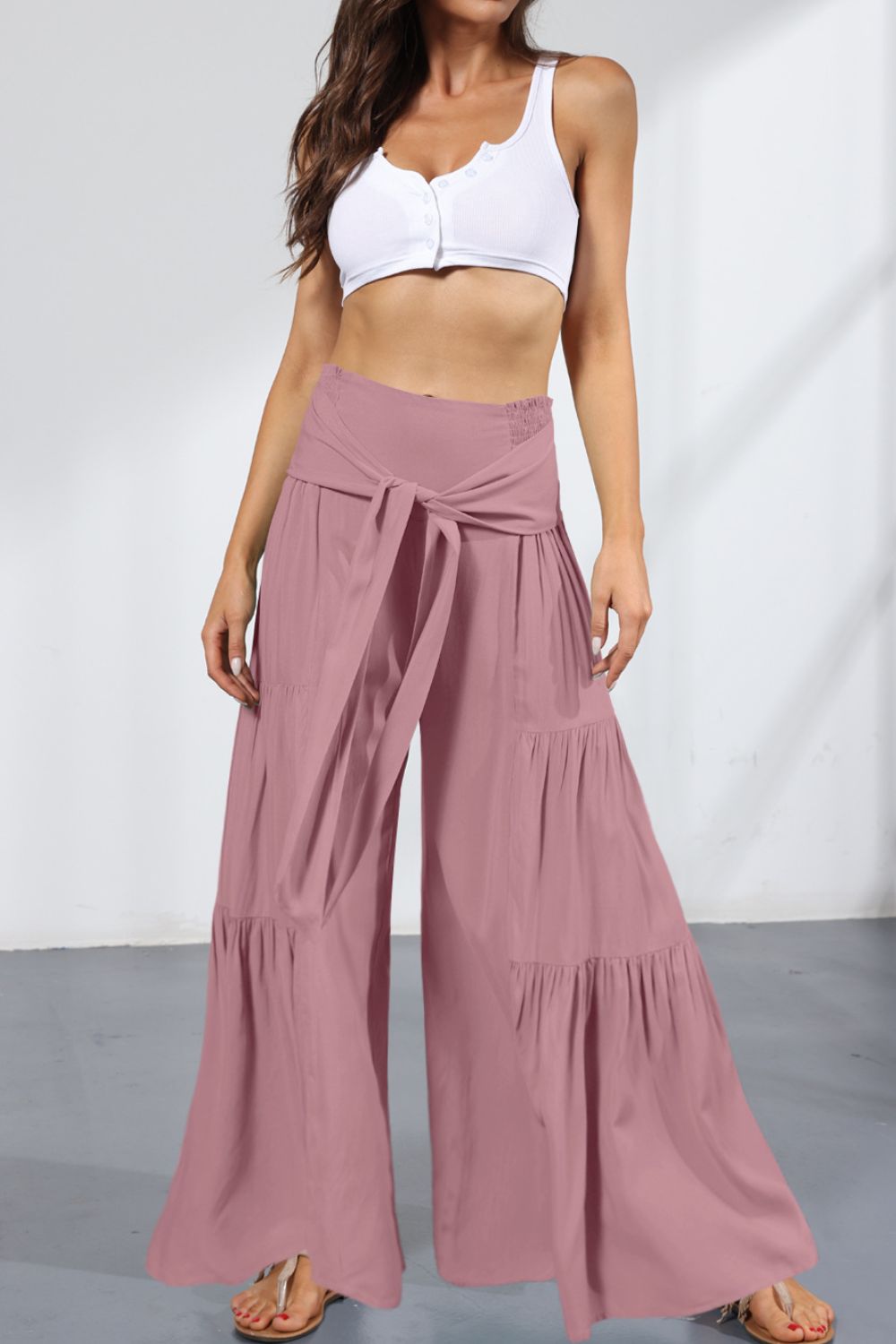 Tie Front Smocked Tiered Culottes - Pink / S - Bottoms - Pants - 16 - 2024