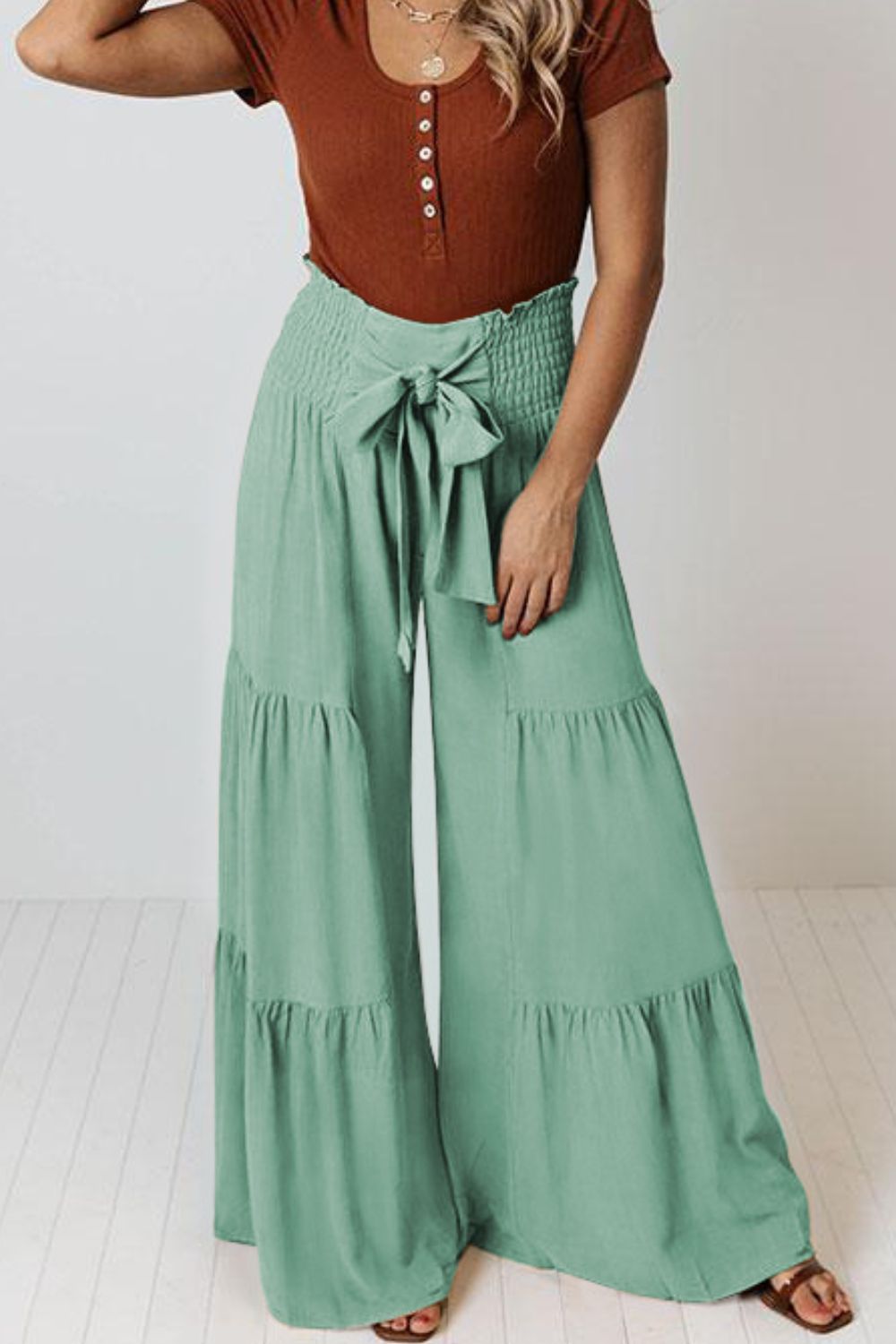 Tie Front Smocked Tiered Culottes - Light Green / S - Bottoms - Pants - 10 - 2024