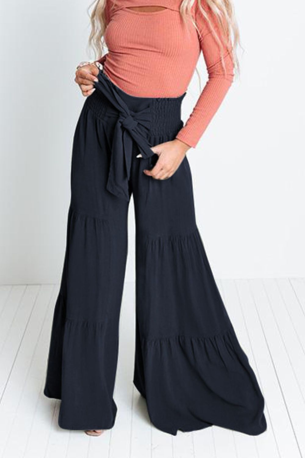 Tie Front Smocked Tiered Culottes - Dark Blue / S - Bottoms - Pants - 7 - 2024