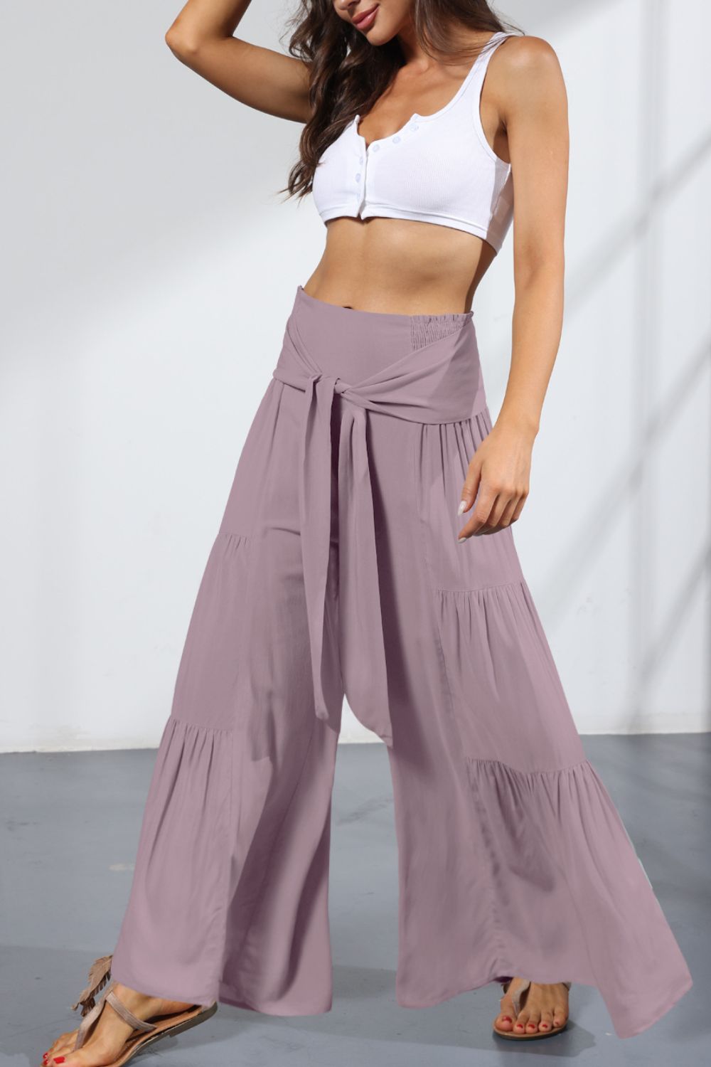 Tie Front Smocked Tiered Culottes - Purple / S - Bottoms - Pants - 13 - 2024