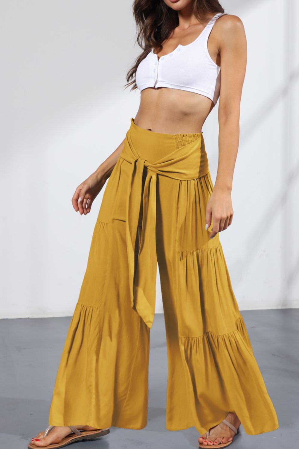 Tie Front Smocked Tiered Culottes - Yellow / S - Bottoms - Pants - 4 - 2024