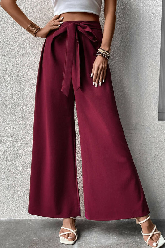 Tie Front Wide Leg Pants - Dark Red / S - Bottoms - Pants - 1 - 2024