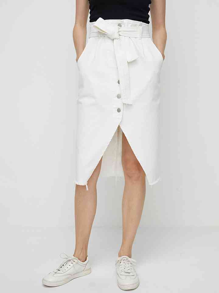 Tie Waist Buttoned Denim Skirt - White / S - Bottoms - Skirts - 4 - 2024