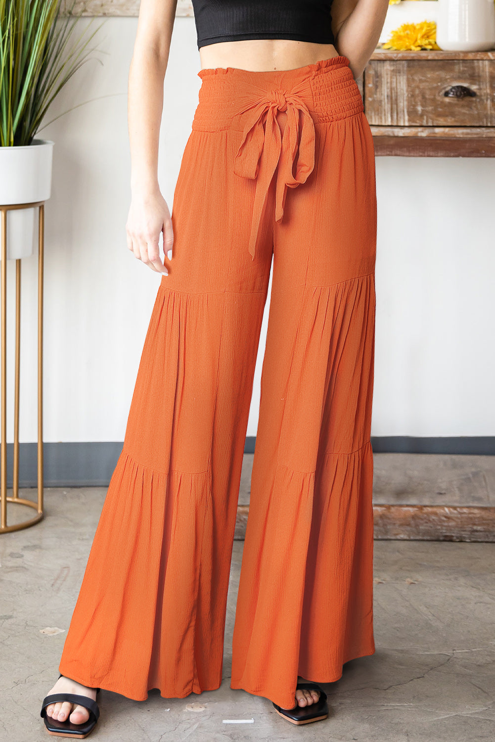 Tied Smocked Waist Tiered Culottes - Orange / S - Bottoms - Pants - 1 - 2024