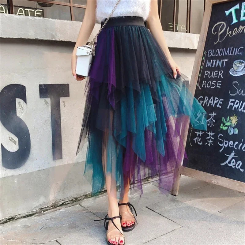 Tulle Midi Skirt for Women - Harajuku High Waist Fashion Summer Tutu - Multicolored / One Size - Bottoms - Skirts - 1