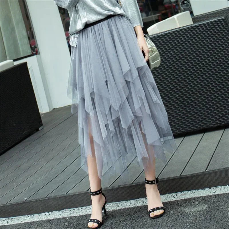 Tulle Midi Skirt for Women - Harajuku High Waist Fashion Summer Tutu - Gray / One Size - Bottoms - Skirts - 10 - 2024