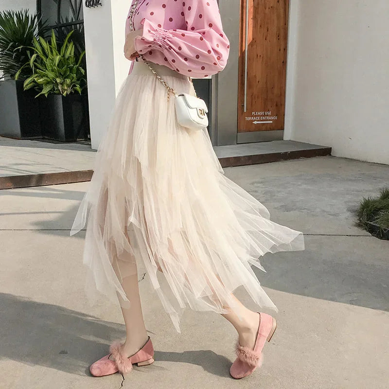 Tulle Midi Skirt for Women - Harajuku High Waist Fashion Summer Tutu - Beige / One Size - Bottoms - Skirts - 12 - 2024