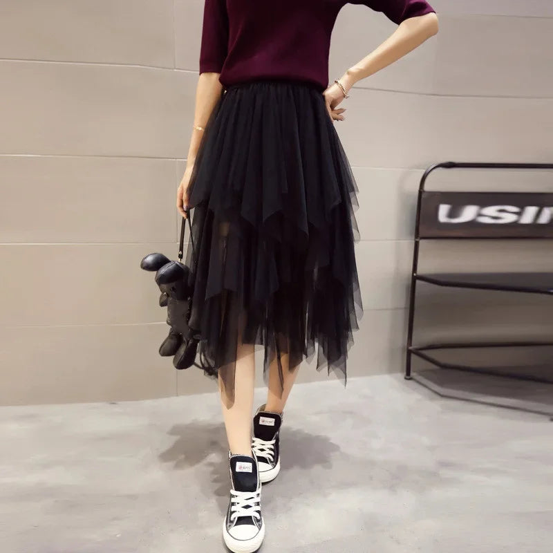 Tulle Midi Skirt for Women - Harajuku High Waist Fashion Summer Tutu - Black / One Size - Bottoms - Skirts - 9 - 2024