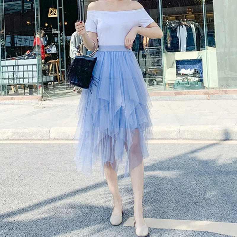 Tulle Midi Skirt for Women - Harajuku High Waist Fashion Summer Tutu - Blue / One Size - Bottoms - Skirts - 15 - 2024