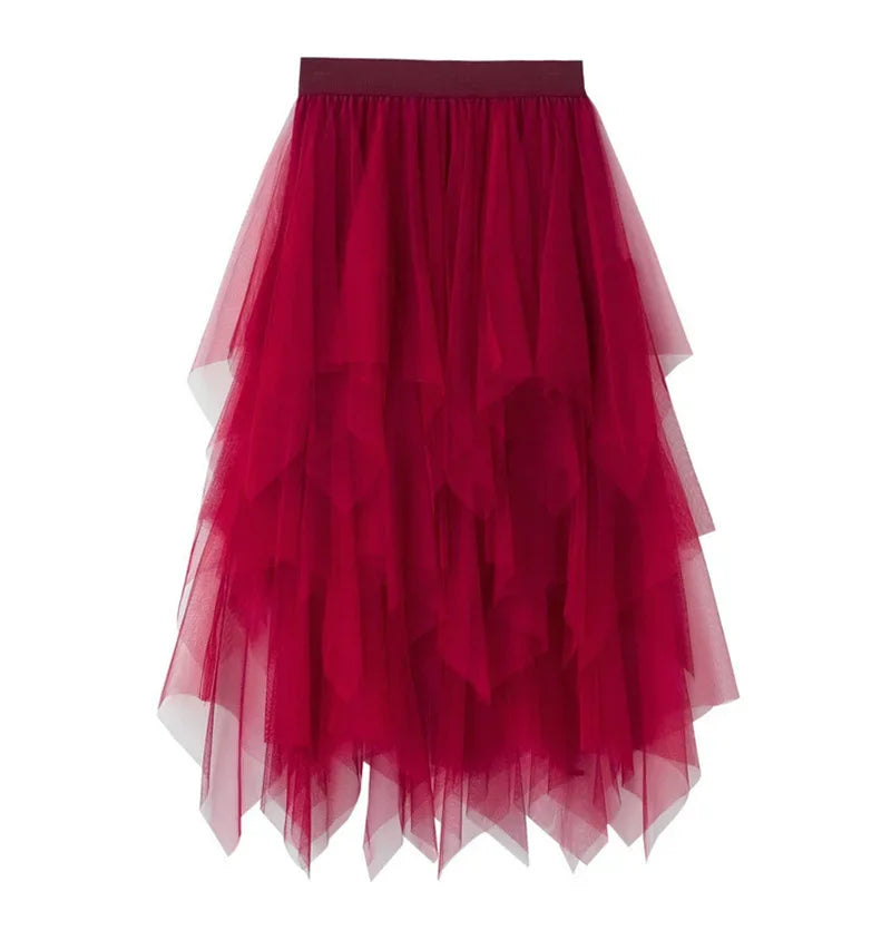 Tulle Midi Skirt for Women - Harajuku High Waist Fashion Summer Tutu - Wine Red / One Size - Bottoms - Skirts - 14