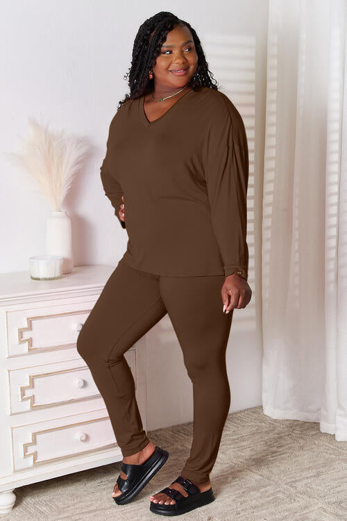 V-Neck Soft Rayon Long Sleeve Top and Pants Lounge Set - Chocolate / S - Bottoms - Outfit Sets - 19 - 2024