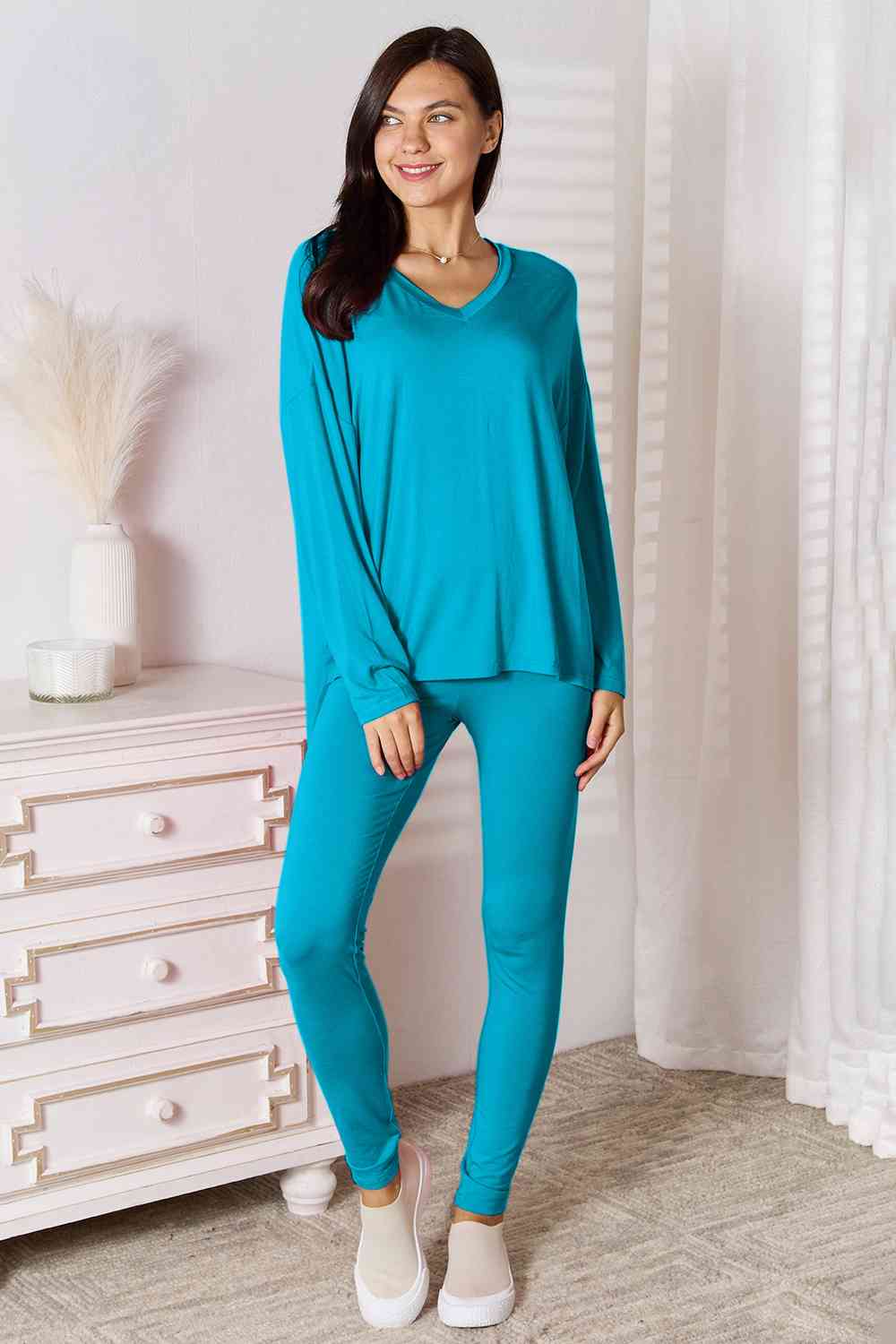 V-Neck Soft Rayon Long Sleeve Top and Pants Lounge Set - Bottoms - Outfit Sets - 11 - 2024