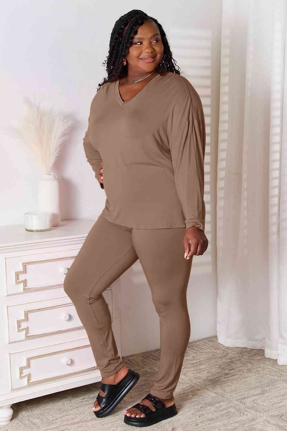V-Neck Soft Rayon Long Sleeve Top and Pants Lounge Set - Taupe / S - Bottoms - Outfit Sets - 17 - 2024