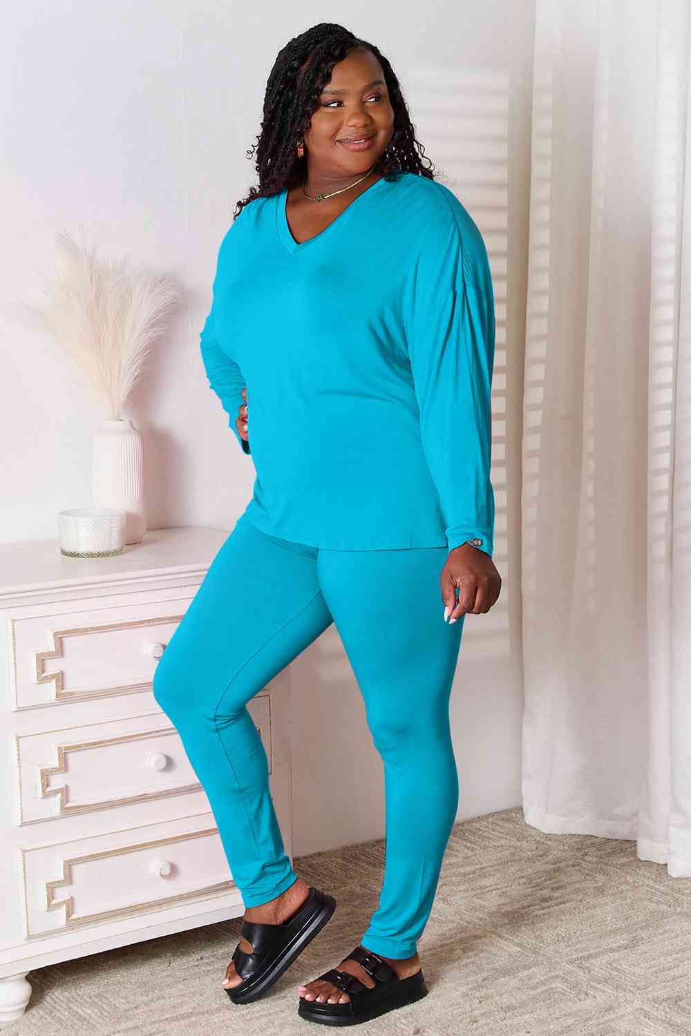 V-Neck Soft Rayon Long Sleeve Top and Pants Lounge Set - Sky Blue / S - Bottoms - Outfit Sets - 13 - 2024