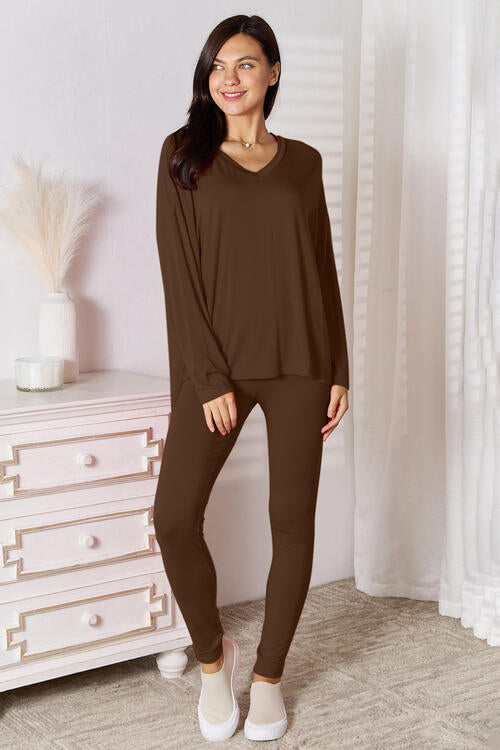 V-Neck Soft Rayon Long Sleeve Top and Pants Lounge Set - Bottoms - Outfit Sets - 21 - 2024
