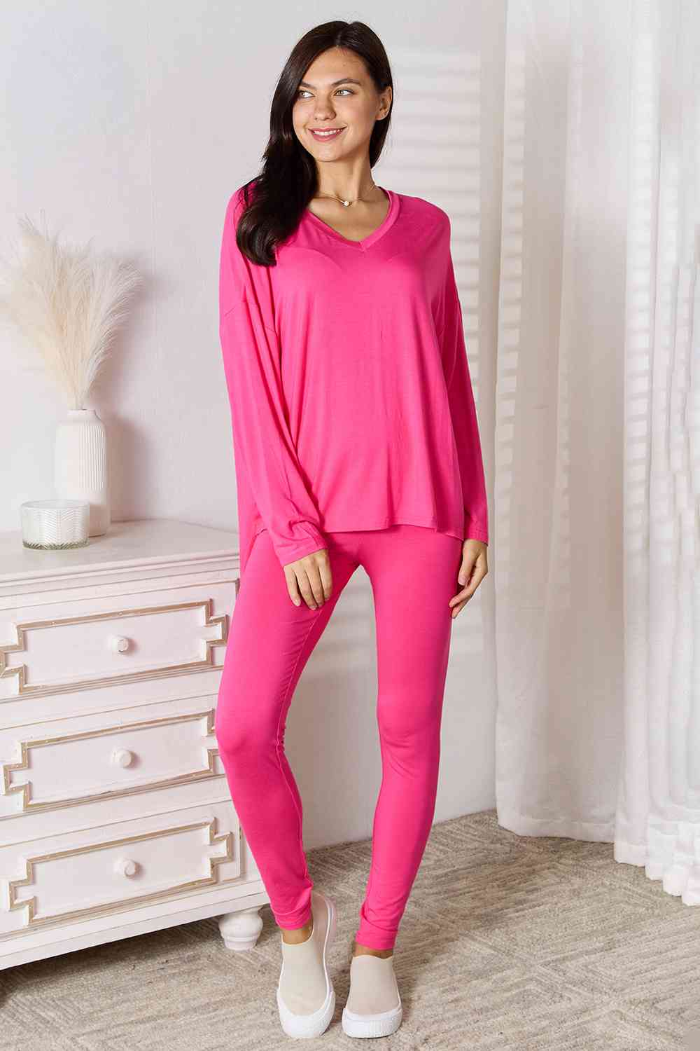 V-Neck Soft Rayon Long Sleeve Top and Pants Lounge Set - Hot Pink / S - Bottoms - Outfit Sets - 1 - 2024