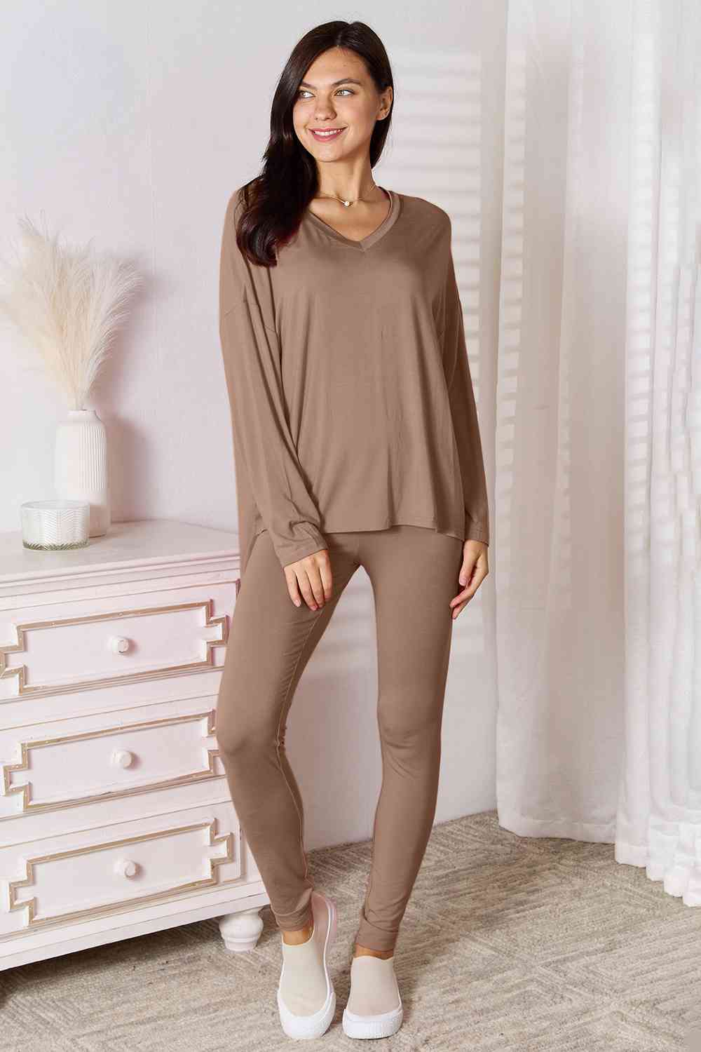 V-Neck Soft Rayon Long Sleeve Top and Pants Lounge Set - Bottoms - Outfit Sets - 15 - 2024