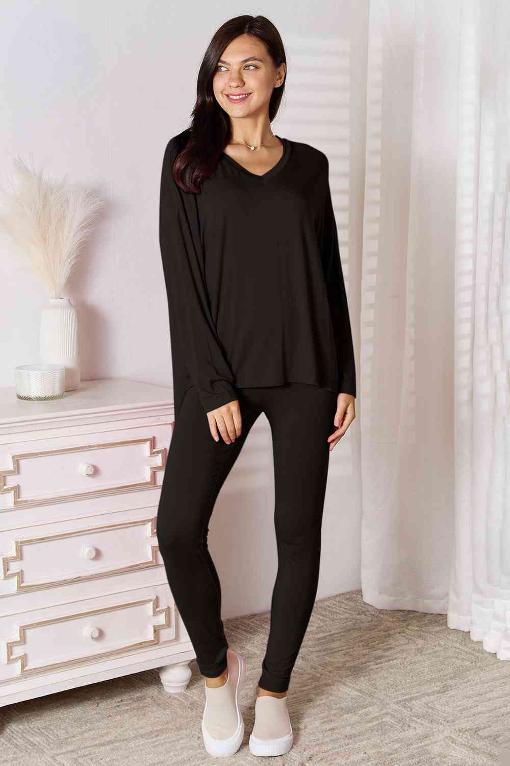 V-Neck Soft Rayon Long Sleeve Top and Pants Lounge Set - Black / S - Bottoms - Outfit Sets - 7 - 2024