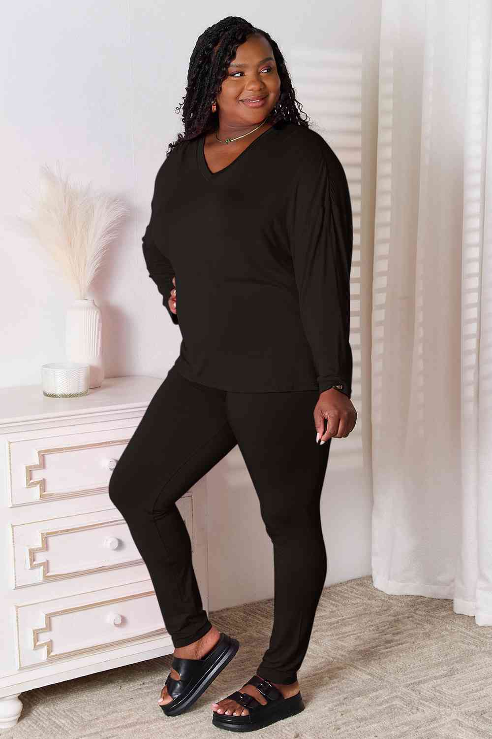 V-Neck Soft Rayon Long Sleeve Top and Pants Lounge Set - Bottoms - Outfit Sets - 9 - 2024