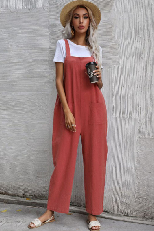 Wide Leg Overalls with Front Pockets - Red / S - Bottoms - Pants - 1 - 2024