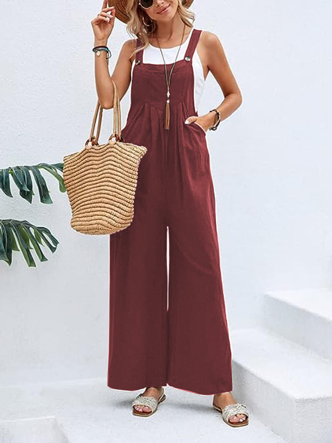 Wide Leg Overalls with Pockets - Dark Red / S - Bottoms - Overalls - 1 - 2024