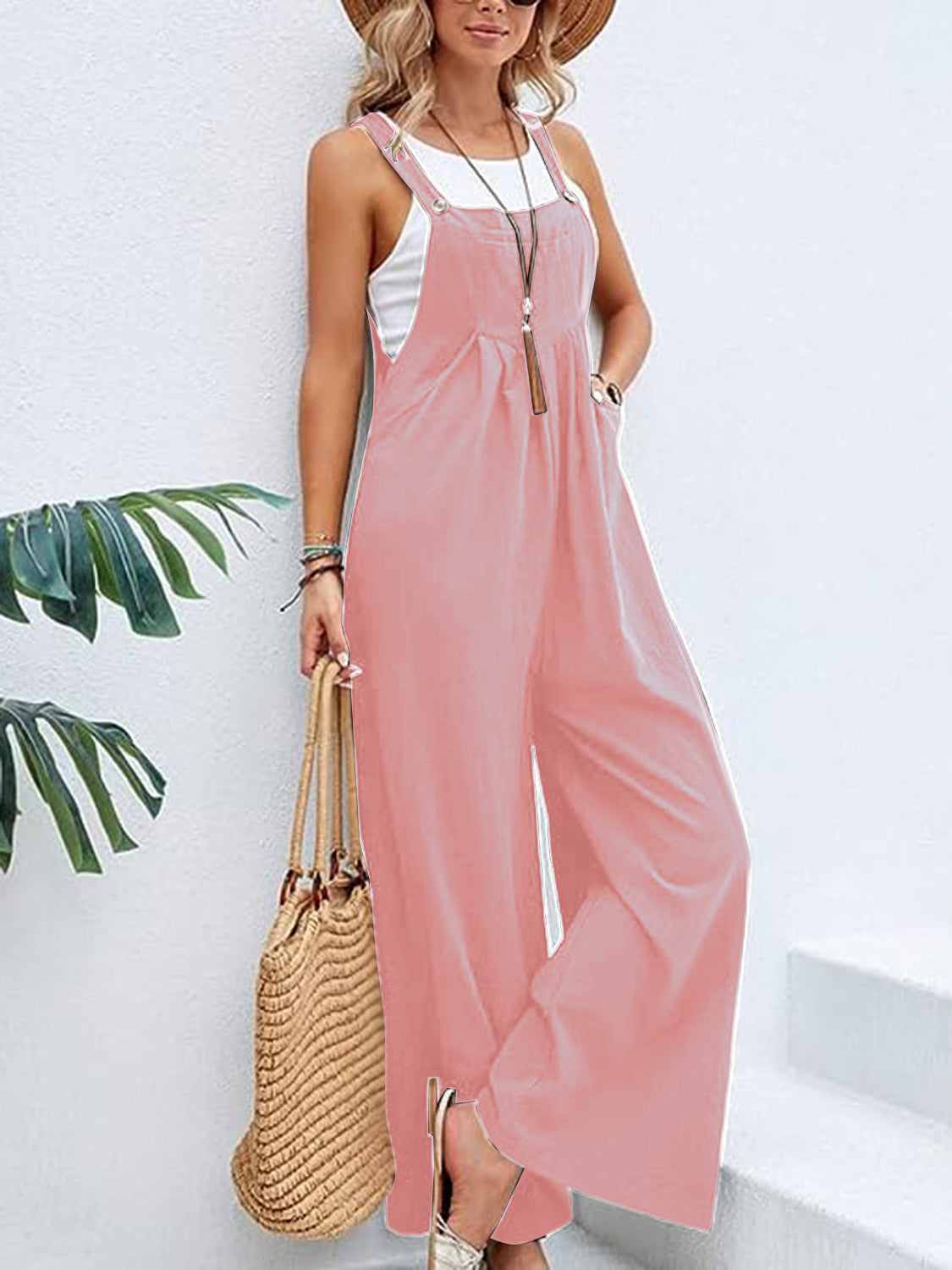 Wide Leg Overalls with Pockets - Pink / S - Bottoms - Overalls - 22 - 2024
