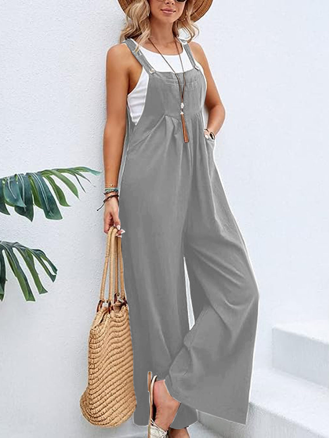 Wide Leg Overalls with Pockets - Gray / S - Bottoms - Overalls - 23 - 2024