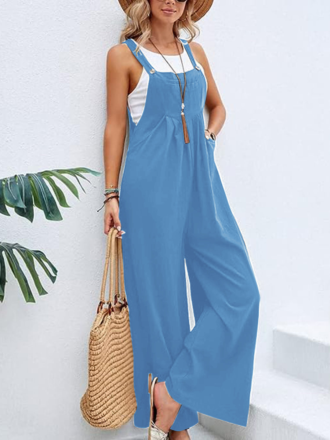 Wide Leg Overalls with Pockets - Blue / S - Bottoms - Overalls - 24 - 2024