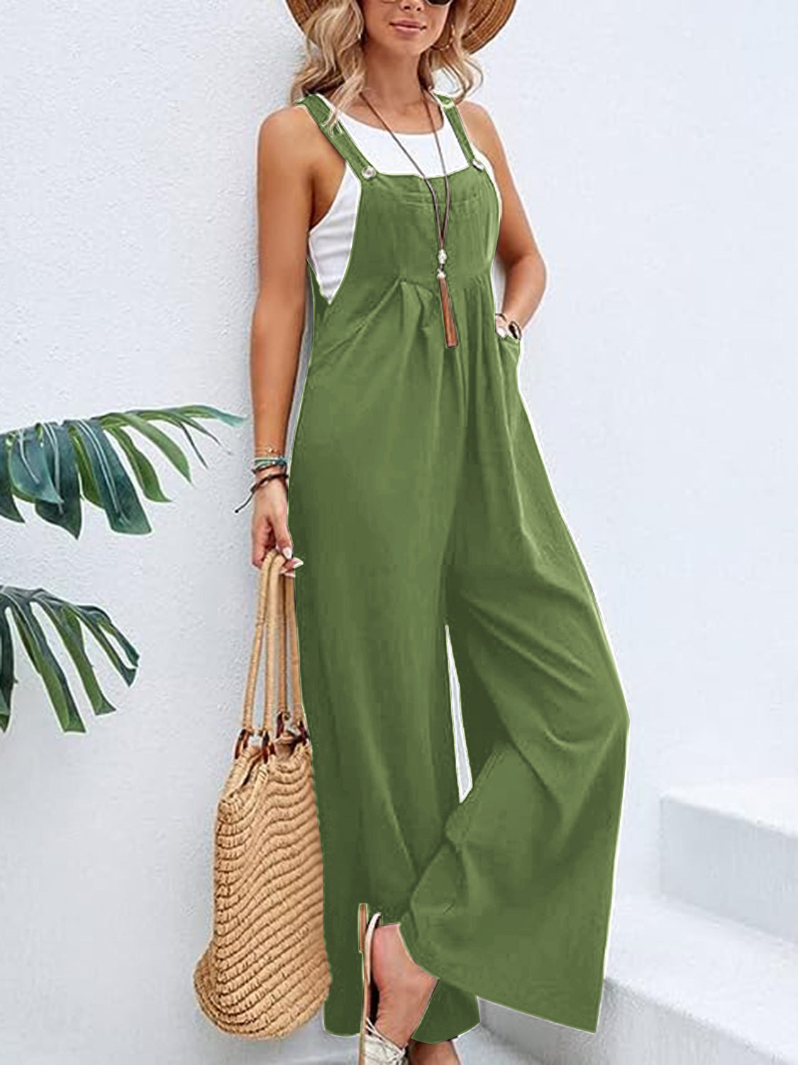 Wide Leg Overalls with Pockets - Green / S - Bottoms - Overalls - 25 - 2024
