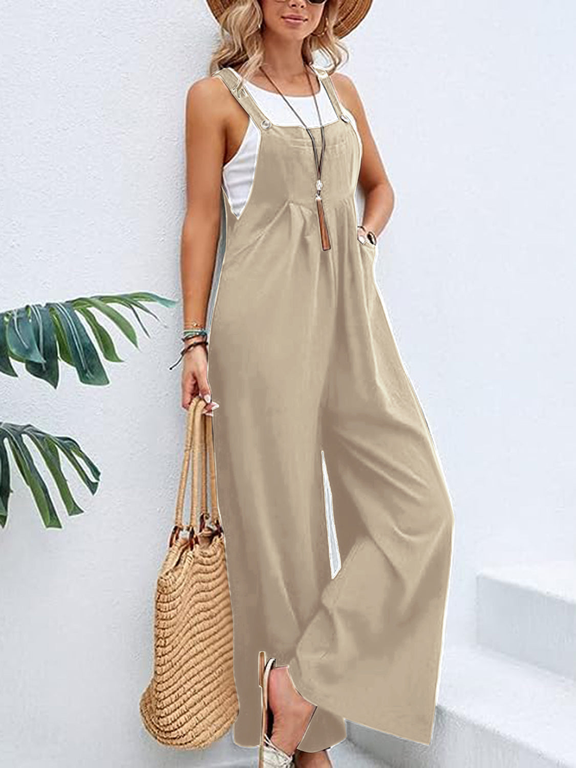 Wide Leg Overalls with Pockets - Light Brown / S - Bottoms - Overalls - 26 - 2024