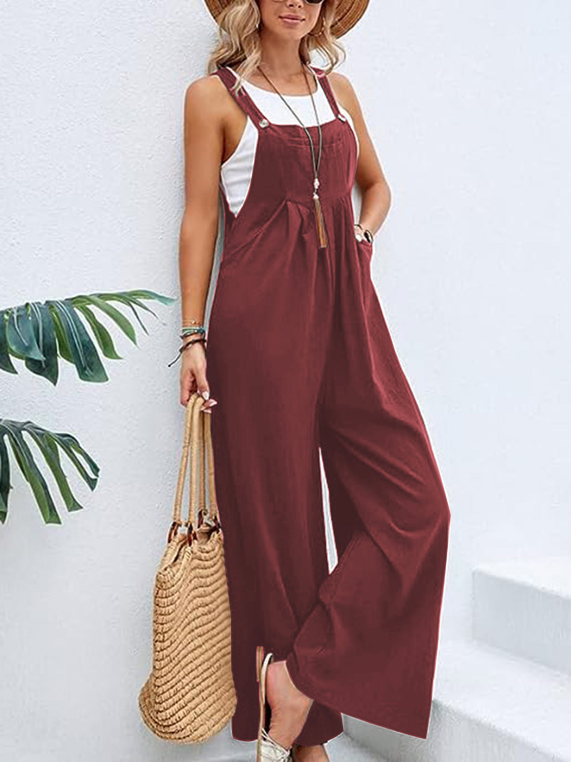 Wide Leg Overalls with Pockets - Bottoms - Overalls - 3 - 2024