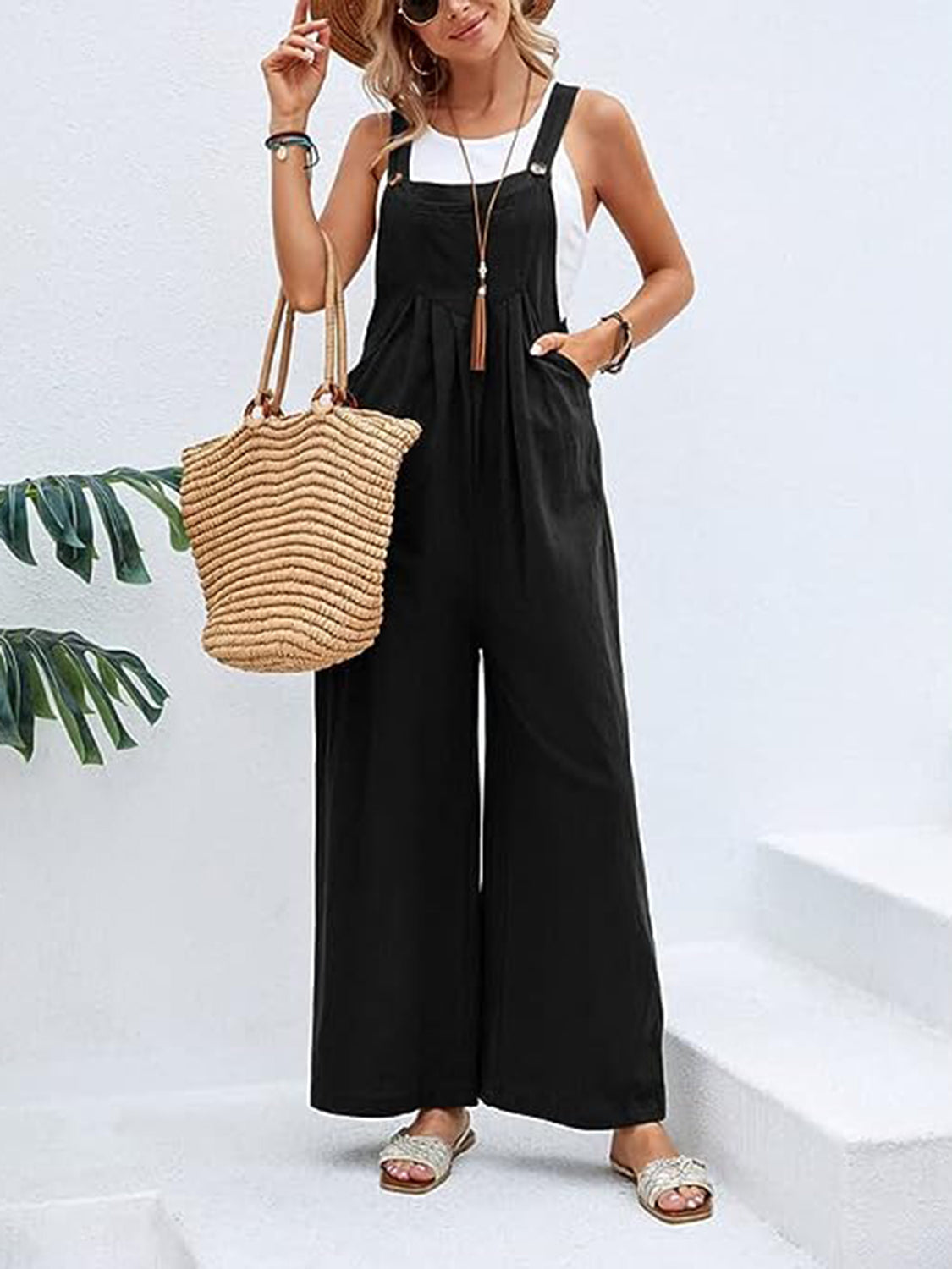 Wide Leg Overalls with Pockets - Bottoms - Overalls - 5 - 2024