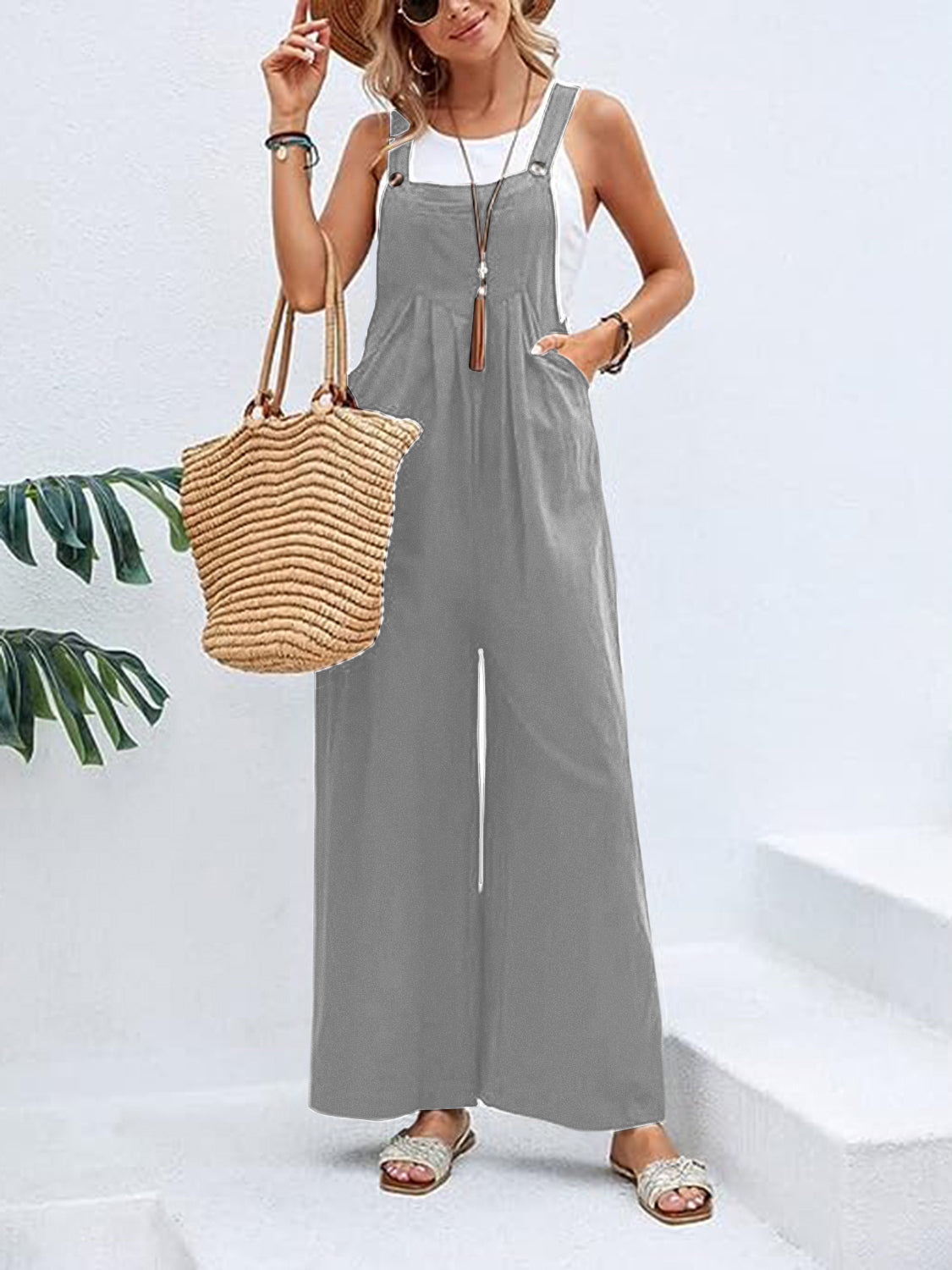 Wide Leg Overalls with Pockets - Bottoms - Overalls - 9 - 2024