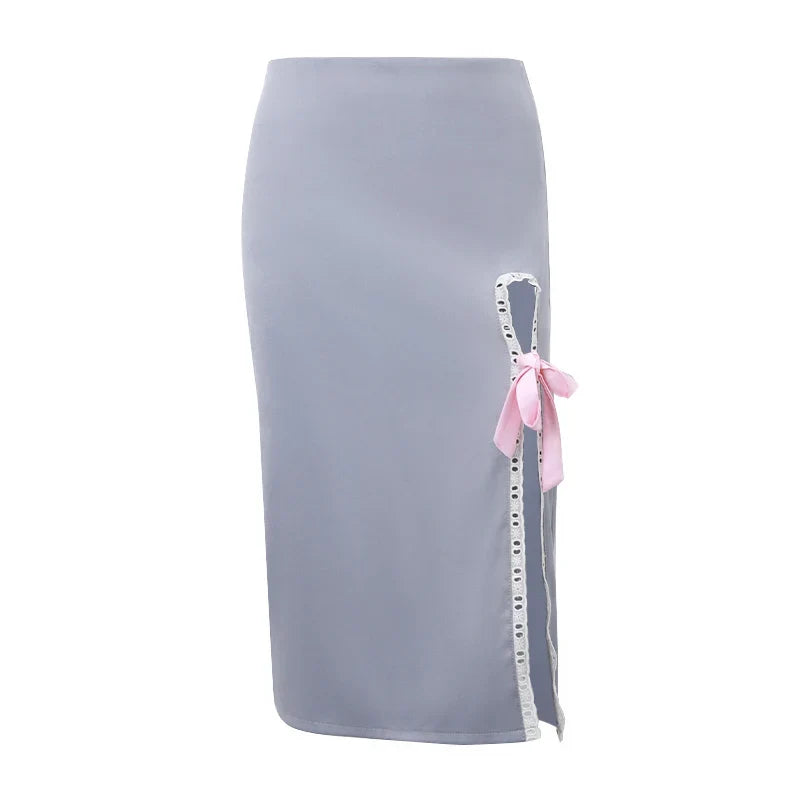 Y2K Blokette Coquette Aesthetic Clothes Gray Midi Skirt with Slit - Bottoms - Skirts - 6 - 2024