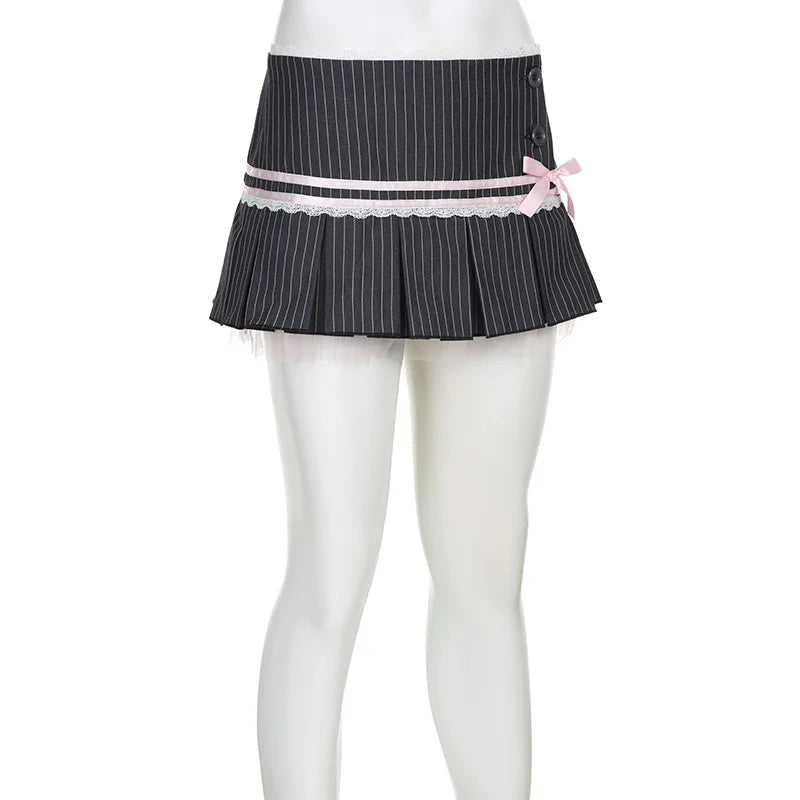 Y2K Coquette Aesthetic Pinstripe Pleated Black Mini Skirt with Bow - Bottoms - Mini Skirts - 5 - 2024