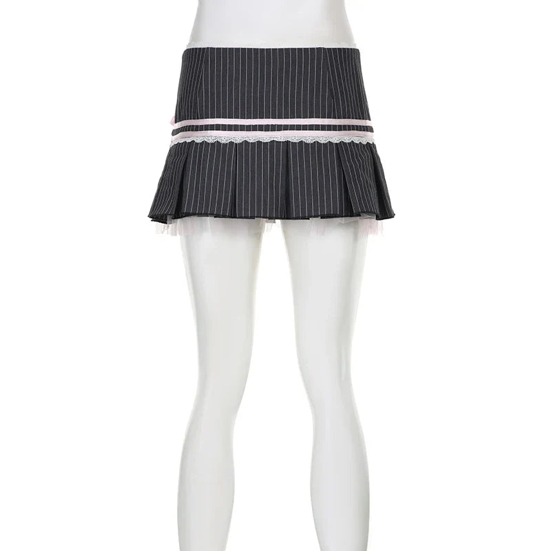 Y2K Coquette Aesthetic Pinstripe Pleated Black Mini Skirt with Bow - Bottoms - Mini Skirts - 4 - 2024