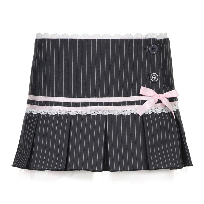 Y2K Coquette Aesthetic Pinstripe Pleated Black Mini Skirt with Bow - Grey / S - Bottoms - Mini Skirts - 6 - 2024