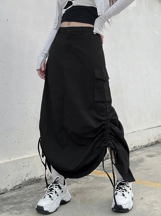 Y2K Fairy Grunge Adjustable Length Drawstring Cargo Skirt - Kawaii Stop - Cargo Skirt, Edgy Look, Empire Waist, Grunge Style, Mid-Calf Length, Solid Pattern, Straight Silhouette, Streetwear Delight, Urban Fashion, Versatile Piece, Women's Clothing