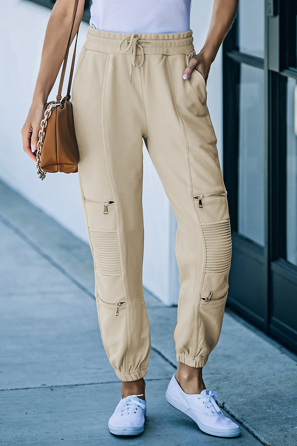 Zip Detail Joggers with Pockets - Beige / S - Bottoms - Pants - 7 - 2024