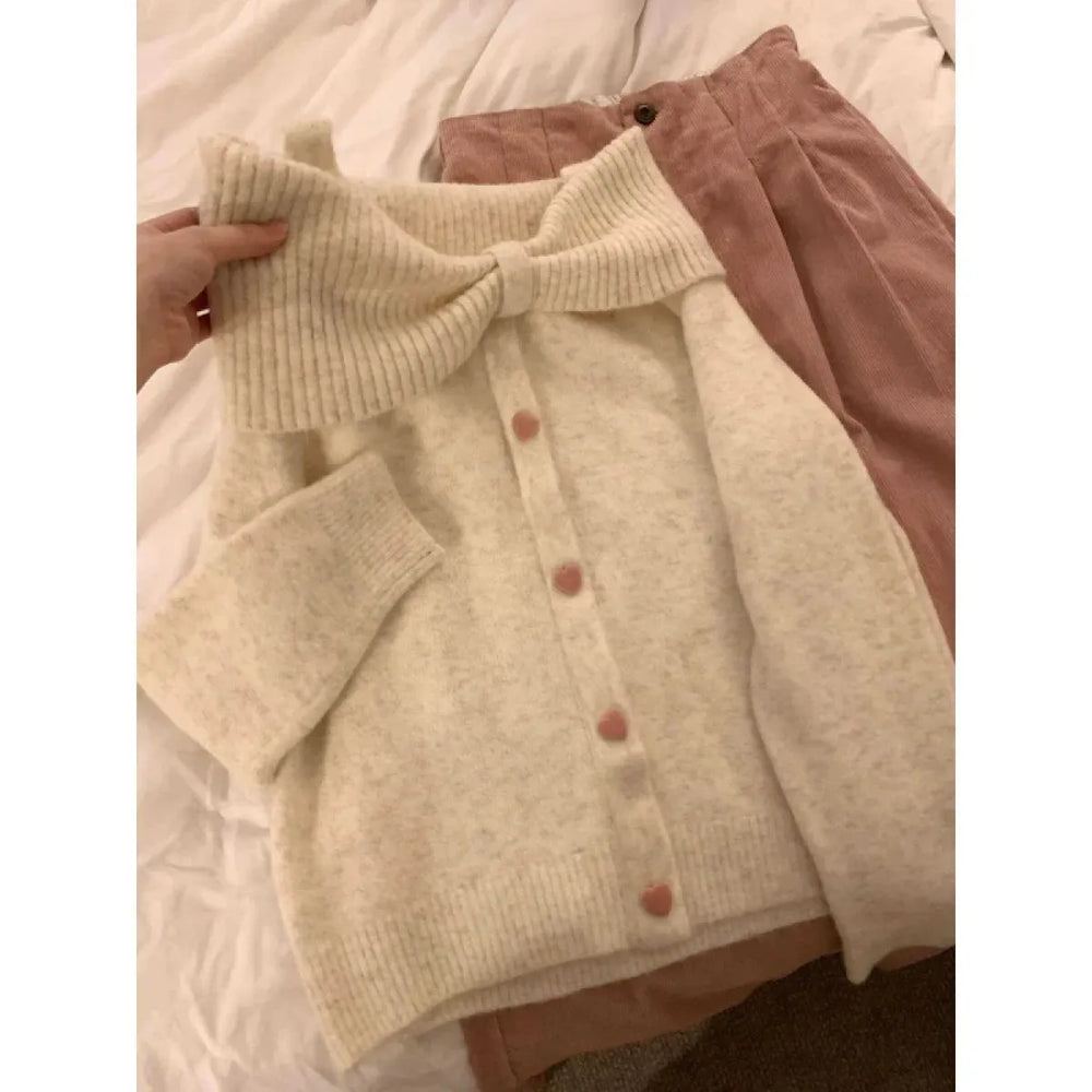Bow Collar Knit Cardigan – Soft Harajuku Elegant Sweater - Sweaters - Long - Off-Shoulder - Women’s Sweaters - 1