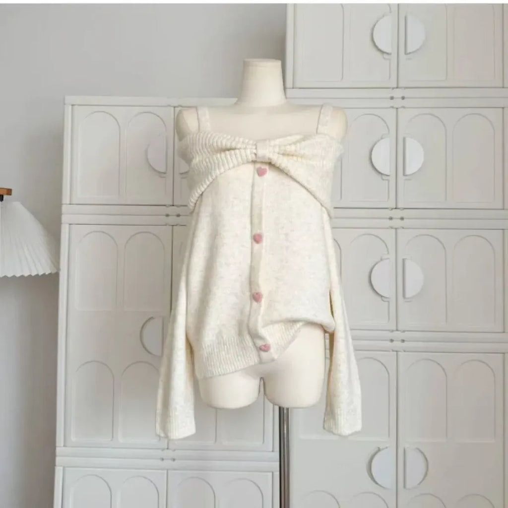 Bow Collar Knit Cardigan – Soft Harajuku Elegant Sweater - Sweaters - Long - Off-Shoulder - Women’s Sweaters - 2