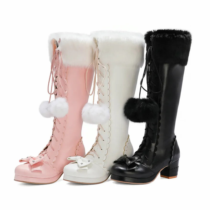 Bow Knee High Boots With Fur - All Products - Shoes - 4 - 2024