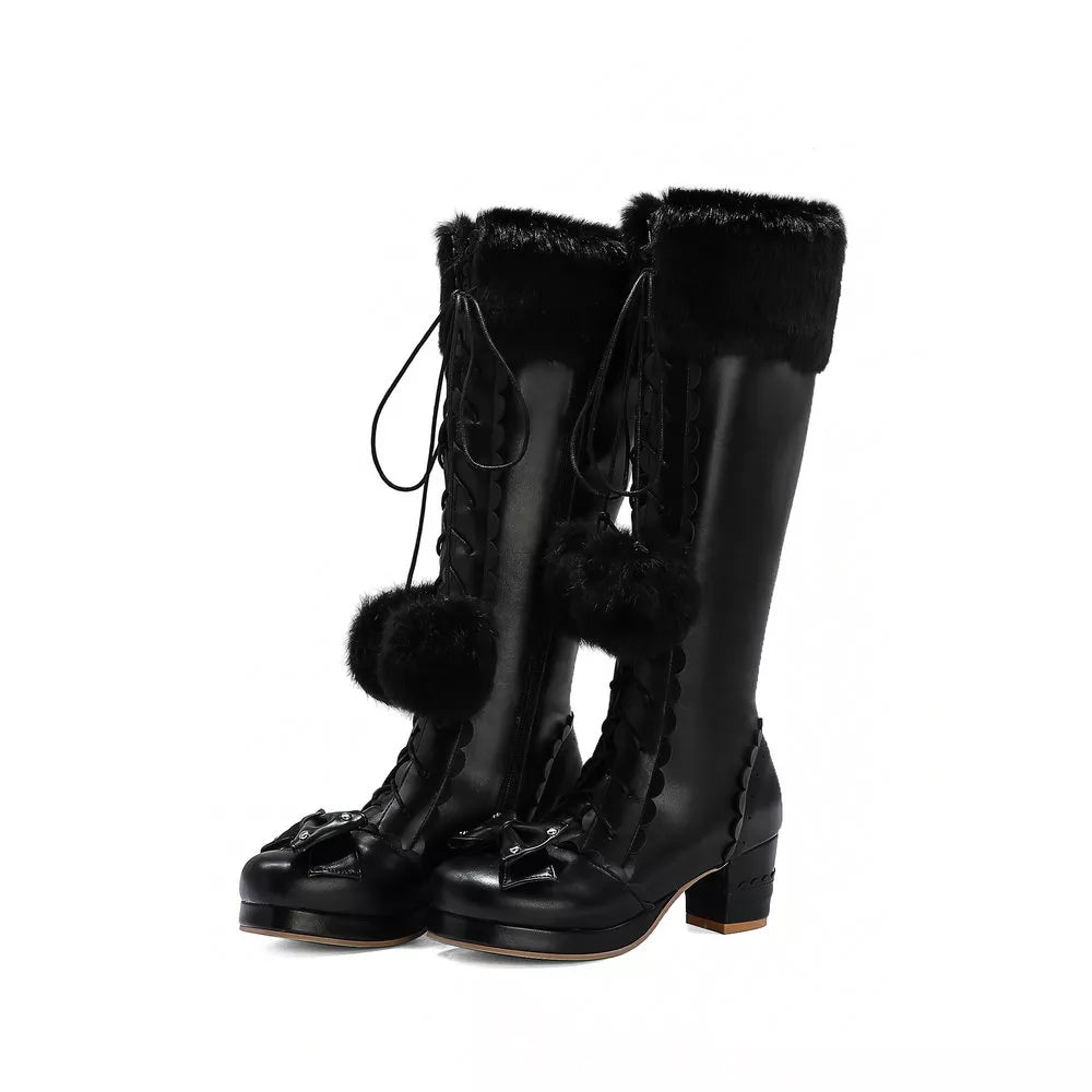 Bow Knee High Boots With Fur - Black / 3 - All Products - Shoes - 7 - 2024