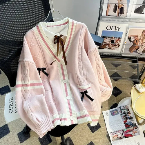 Bow Knit Cardigan – Kawaii Preppy Lolita Sweater - Sweaters - V-neck - Cardigans - 1