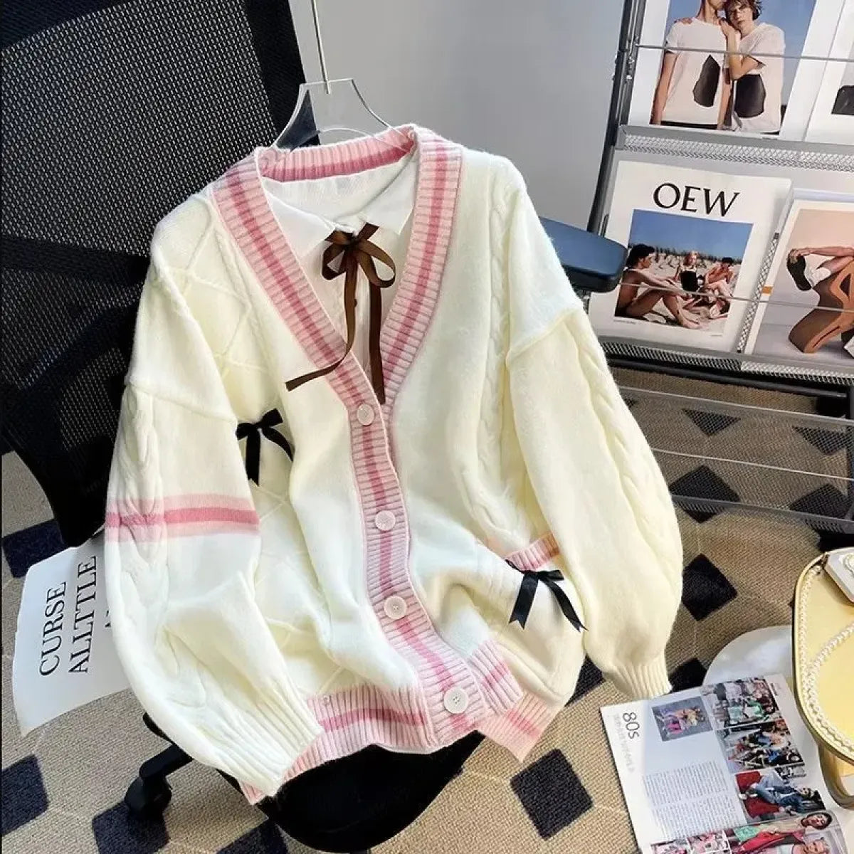 Bow Knit Cardigan – Kawaii Preppy Lolita Sweater - Best Sellers - V-neck - Cardigans - 7