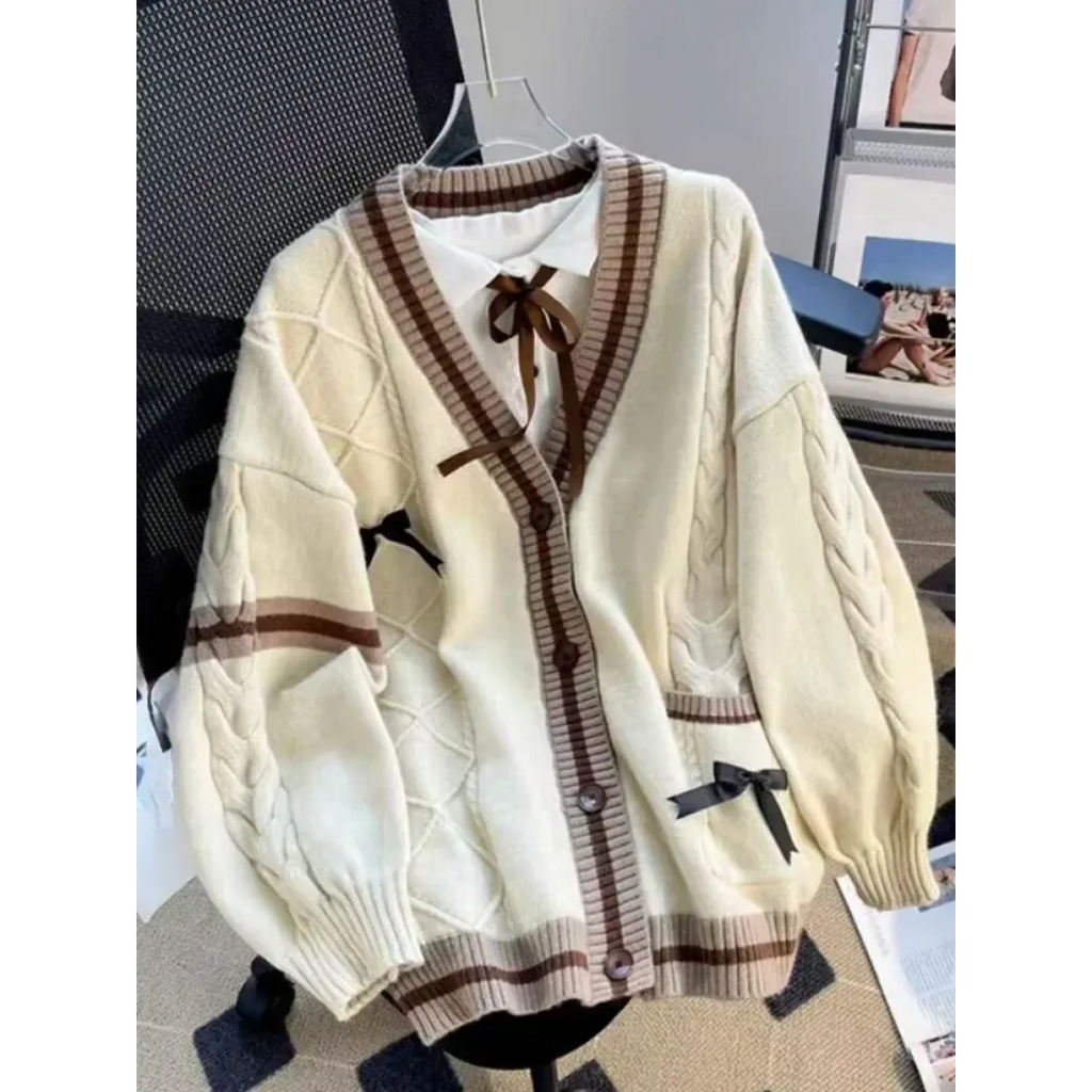 Bow Knit Cardigan – Y2K Aesthetic Contrast Trim Sweater - Sweaters - Long - V-neck - Cardigans - 3