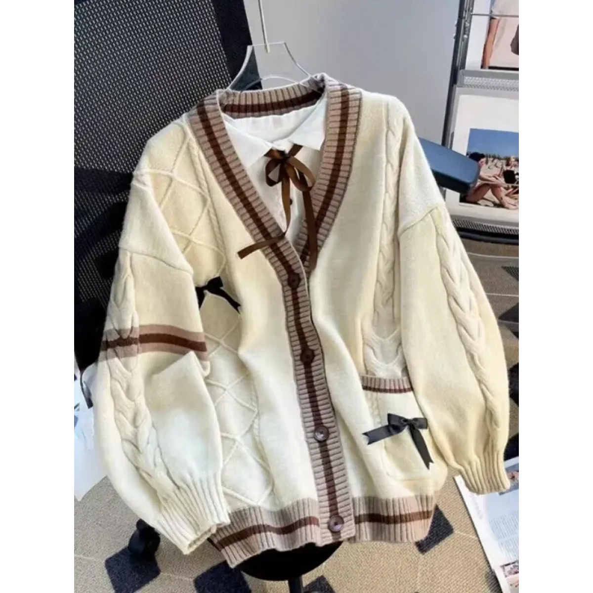 Bow Knit Cardigan – Y2K Aesthetic Contrast Trim Sweater - Sweaters - Long - V-neck - Cardigans - 3