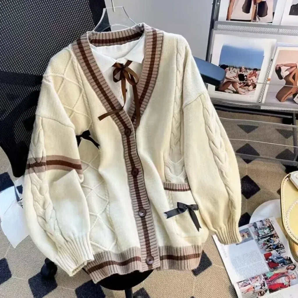 Bow Knit Cardigan – Y2K Aesthetic Contrast Trim Sweater - Sweaters - Long - V-neck - Cardigans - 6