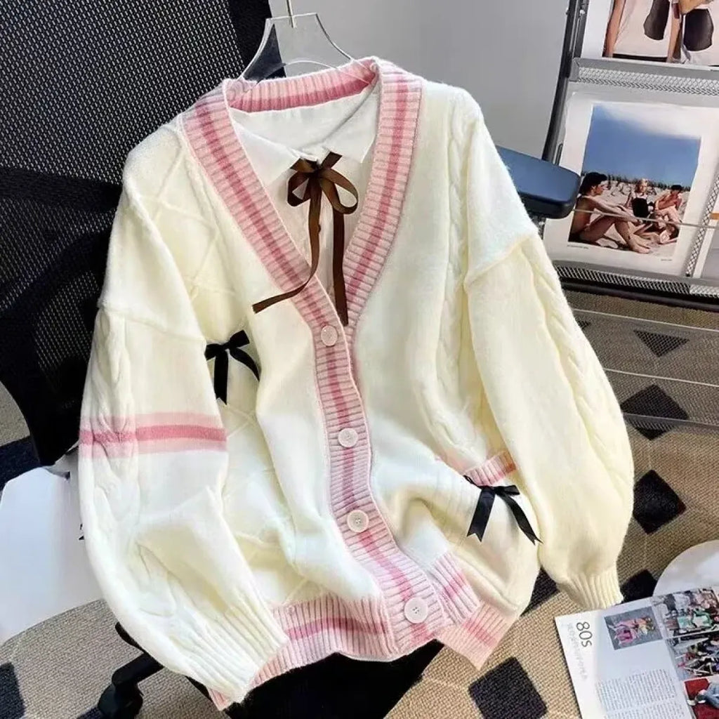 Bow Knit Cardigan – Y2K Aesthetic Contrast Trim Sweater - Sweaters - Long - V-neck - Cardigans - 7