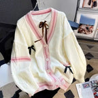 Bow Knit Cardigan – Y2K Aesthetic Contrast Trim Sweater - Sweaters - Long - V-neck - Cardigans - 7